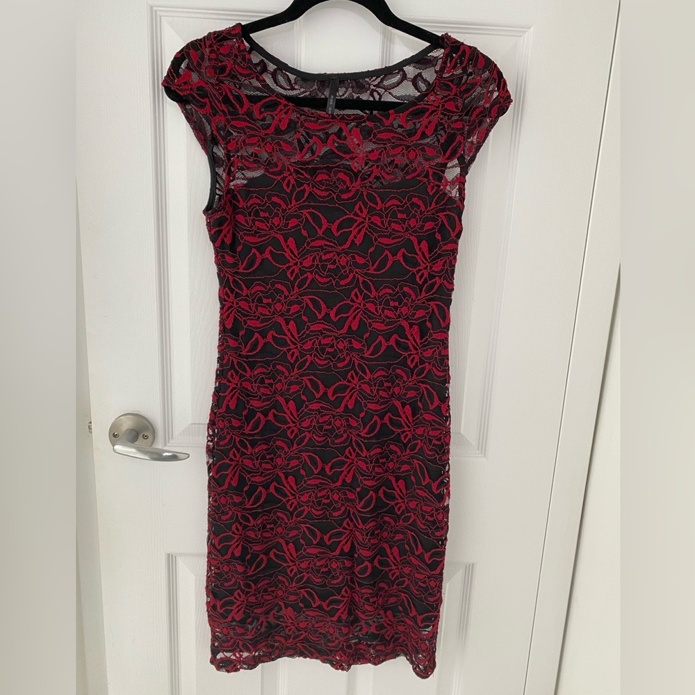 Mon Ami Black & Red Lace Y2K 90s Vamp Romantic Stretch Dress Small